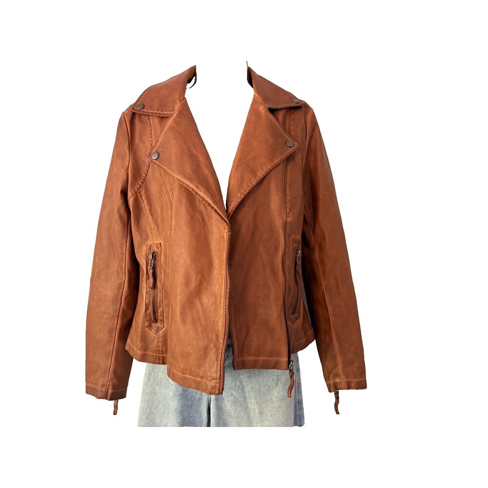 Max Studio Brown Biker Faux Vegan Leather Moto Jacket Size Small